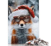 Fox in Santa Hat And Sungl Jigsaw Puzzles Puzzles for Adults Kids. 1000 Pieces Great Gifts Challenge Toy Educational Games Home Decoration for Educational Games Gifts 1000pcs (40x28cm)