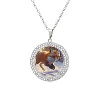 Fox in Snowy Day Shiny Diamond Necklace for Women Personalized Round Pendant Chain Jewel Gift