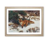 Fox In The Snow Vol.9 By Bruno Liljefors Classic Painting Framed Wall Art Print, Ready to Hang Picture for Living Room Bedroom Home Office Décor, Oak A4 (34 x 25 cm)