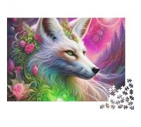 Fox Jigsaw Puzzle Floral White Vulpine 1000 Pieces Sturdy Dust-Free Cardboard Framable Art for Adults Couples Advanced Enthusiasts 52x38cm/1000pcs