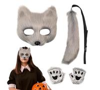 Fox Mask and Tail Set, Halloween Cosplay Costume - Fox Costume for Children Adult with Tail Paw, for Convention, Party, Photoshoot, Carnival, Teens, Boys, Girls, Adults