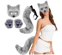 Fox Mask and Tail with Fox Paws Realistic Personalized Therian Mask and Tail Decorative Furry Costume for Cosplay Party Halloween Masquerade, Dark Grey,Wolf Ears and Tail