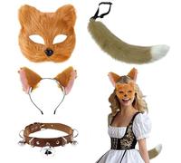 Fox Mask Tail Set Faux Fur Adult Women, Furry Wolf Cat Therian Half Face Animal Masks Ears Headband Bell Necklace Cosplay Costume Party Dress Up for World Book Day Carnival Halloween(Brown)