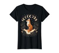 Fox Moon Crescent Stars Botanical Whimsical Design Value Graphic T-Shirt, Women, Black, M