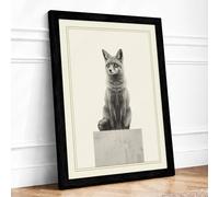 Fox on Pedestal Minimalist Framed Wall Art Print A2 (59.4×42cm) Black, Wall Decor for Living Room, Bedroom, Office & Home, Ready to Hang, Art Gift