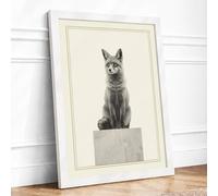 Fox on Pedestal Minimalist Framed Wall Art Print A2 (59.4×42cm) White, Wall Decor for Living Room, Bedroom, Office & Home, Ready to Hang, Art Gift