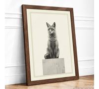 Fox on Pedestal Minimalist Framed Wall Art Print A3 (42×29.7cm) Walnut, Wall Decor for Living Room, Bedroom, Office & Home, Ready to Hang, Art Gift