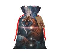 (Fox On The Galaxy) Christmas Burlap Gifts Bag With Drawstring Xmas Linen Burlap Gift Candy Pouch For Wedding Party Festival Decorating S