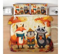 Fox Raccoon Super King Duvet Cover Set, Autumn Forest Soft Microfiber Bedding with Pillow Cases, Forest Animal Quilt Cover Easy Care, Cute Animal Duvet Cover with Zipper, 260x220cm