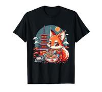 Fox Ramen Anime Kawaii Pagoda Tower Fox Eating Ramen Noodles T-Shirt