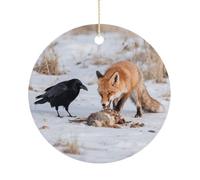 Fox Raven Interaction Ceramic Christmas Ornaments with Gold String - Personalized Double-Sided 2.9 Inch Xmas Tree Decorations, Rustic Winter Hanging Ornaments for Holiday Party Gift