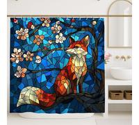 Fox Shower Curtain, Colorful Stained Glass Style Forest Animal Bathroom Decor, Spring Summer Nature Inspired Waterproof Fabric with Hooks 72x78 Inch