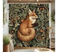 Fox Shower Curtain, Rustic Brown Fox on Dark Green Floral Bath Curtain for Bathroom Decor, Autumn Winter Vintage Botanical Waterproof Fabric Shower Curtain Set with Hooks 72x78 Inch