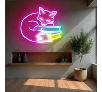 Fox Sleep On Book Neon Sign Animal Signs, Librarian Gift Fox Book Wall Decor