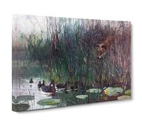 Fox Stalking Ducks By Bruno Liljefors Classic Painting Canvas Wall Art Print Ready to Hang, Framed Picture for Living Room Bedroom Home Office Décor, 30x20 Inch (76x50 cm)