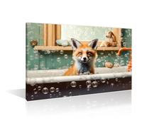 Fox Takes a Bath in the Bathtub Wall Art 1 Pieces Bathtub Animal Fox Bedroom Decor Wall Art Farmhouse Animals Bathroom Pictures Posters & Prints Print on Canvas Framed Ready to Hang (24" Wx36 H)