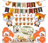 Fox-Themed Birthday Party Decorations Kit Includes Happy Birthday Banner, Plates, Balloons, and Tablecloth