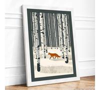 Fox Through Winter Forest Scandinavian Framed Wall Art Print A1 (84.1×59.4cm) White, Wall Decor for Living Room, Bedroom, Office & Home, Ready to Hang, Art Gift