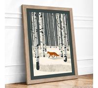 Fox Through Winter Forest Scandinavian Framed Wall Art Print A3 (42×29.7cm) Oak, Wall Decor for Living Room, Bedroom, Office & Home, Ready to Hang, Art Gift