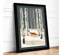 Fox Through Winter Forest Scandinavian Framed Wall Art Print A4 (29.7×21cm) Black, Wall Decor for Living Room, Bedroom, Office & Home, Ready to Hang, Art Gift