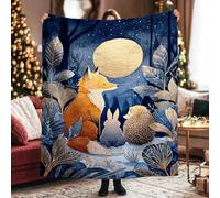 Fox Throw Blanket, Fanciful Nature Moon Rabbit Winter Navy Furry Fuzzy Blankets Cozy Lightweight Decorative for Couch Sofa Bed Office Chair Recliner 40x50 Inch