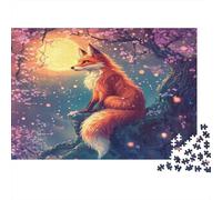 Fox Under Moon-Fantasy Cherry Blossom Scene Jigsaw Puzzles 1000 Pieces with Clean Edges Centenary Jigsaws As A Concentration Training Puzzle for Decompression And Decor 52x38cm/1000pcs