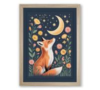 Fox Under Moonlight Boho Framed Wall Art Print A2 (59.4×42cm) Oak, Wall Decor for Living Room, Bedroom, Office & Home, Ready to Hang, Art Gift