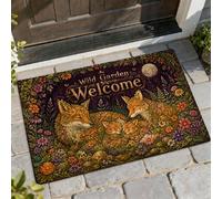 Fox Welcome Door Mat, Wildlife Nature Flowers Moon Fall Violet Non-Slip Dirt Trapper Entry Mat for House Office Outside Inside Entrance Decor 29x17 Inch