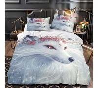 fox with flowers 3D Print 3-Piece Quilt Cover fantasy art style Bed Cover Set Silky Soft Microfiber Concealed Zipper Anti-Bacterial for Toddlers Kids Seniors Super king（260x220cm）
