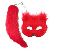 Fox Wolf Plush Mask Keychain Set: Realistic Fox Plush Half Face Masks with Matching Furry Keyring for Halloween Cosplay, Carnival, Christmas Masquerade (One Size) (Red)