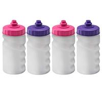 Foxberry 300ml Children's Small Refillable Water Bottles - 4 Pack - Hands Free Lid - Leakproof Spout - BPA Free - Blank For DIY Branding and Decoration - Dishwasher Safe - (Pink Purple Lids)