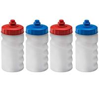 Foxberry 300ml Children's Small Refillable Water Bottles - 4 Pack - Hands Free Lid - Leakproof Spout - BPA Free - Blank For DIY Branding and Decoration - Dishwasher Safe - (Red Blue Lids)