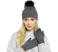 Foxbury Ladies Bobble Hat & Touch Screen Gloves Set Grey & Black