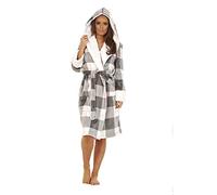 Foxbury Womens Hooded Dressing Gown Grey Checked Design Thick Sherpa Fleece Trim Bathrobe House Coat Size UK 8-10