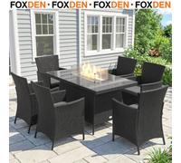 Foxden Black Rattan Garden Dining Set Fire Pit Table 6 Seater Outdoor Propane Pe