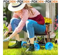 Foxden Blue Garden Storage Cart Top Seat Tool Tray Trolley Plastic Wheels Metal Frame