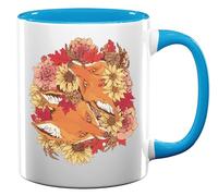 Foxes and Flowers Art Graphic Ceramic Tea Coffee Mug Light Blue