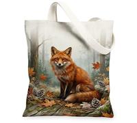 Foxes Canvas Tote Bag, Nature Realistic Pinecones Leaf Fall Orange Small Tote Bag 13x15 Inch, Orange, 13x15 Inch