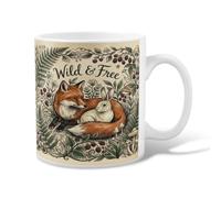 Foxes Ceramic Coffee Mug, Nature Fanciful Rabbit Fern Fall Brown Novelty Tea Mug with Handle Ideal for Friends Family Co-Worker Lovers Eldership Senior 11 Oz