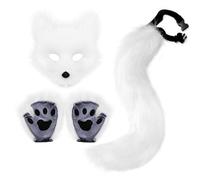 Foxes Cosplay Costume Set with Realistic Faux Fur Tail-Animal Dress Up Set for Halloween Christmas Carnivals Role Play Parties (White)
