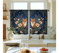 Foxes Kitchen Curtains, Fanciful Nature-Inspired Flower Foliage Fall Navy Window Treatment Window Decoration for Dining Room Breakfast Nook Sink Area 28x39 Inch