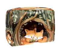 Foxes on Forest Cave Cosmetic Bag for Women, Travel Toiletries Bags Large PVC Makeup Handy Pouch Organiser with Zipper