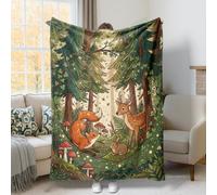 Foxes Throw Blanket, Nature Fanciful Deer Rabbit Fall Green Fuzzy Blanket Compact Decorative Aesthetic for Couch Sofa Bed Car Chair Office Desk 50x60 Inch