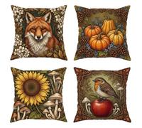 Foxes Throw Pillow Covers Set of 4, Nature-Inspired Rustic Pumpkins Sunflower Fall Brown with Hidden Zipper Cushion Covers Pillow for Home Living Room Bedroom Dorm Couch Decor 14x14 Inch