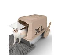 FoxFocus Stainless Steel Litter Box with Lid, Enclosed Extra Large Cat Litter Box for Big Cats and Multiples with Mat & Scoop - Non-Stick, Easy Cleaning, Anti-Leakage Covered Cat Litter Boxes (Khaki)