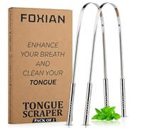 Foxian Tongue Scrapers for Adults & Kids Natural Silver Tongue Cleaner Rustproof Use After Toothbrush for Fresh Breath Stainless Steel 100% Stainless Steel for Oral Care (2 Pack)