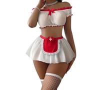 Foxiny Petite Sexy Stockings Mini Skirt Mesh Sheer Lace Costume Outfit Lingerie with Thong Set 4 Piece Women Roleplay See Through Matching Bra Panty Underwear Red White X-Small