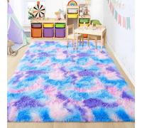 Foxmas Soft Fluffy Area Rug for Bedroom Kids Room Plush Shaggy Nursery Furry Throw Carpet for Boys Girls, College Dorm Fuzzy Rug Living Room Home Decor, 3ft x 5ft, Rainbow Blue