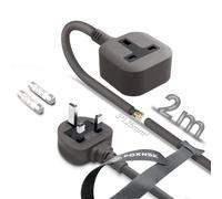 FOXNSK Single Extension Lead 2m, 1 Gang Plug Socket Surge Protected, 13amp 250V 3kw UK 3 Pin Fused Mains Single Socket Extension Lead for Tumble Dryer, Rubber, Tough and Fireproof, Grey