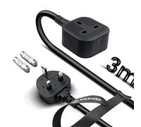 FOXNSK Single Extension Lead 3M Surge Protected Black | Heavy Duty, 1 Way Gang Plug Socket for Tumble Dryer, 13amp 250V 3kw UK 3 Pin Fused Mains, Rubber, Tough and Fireproof